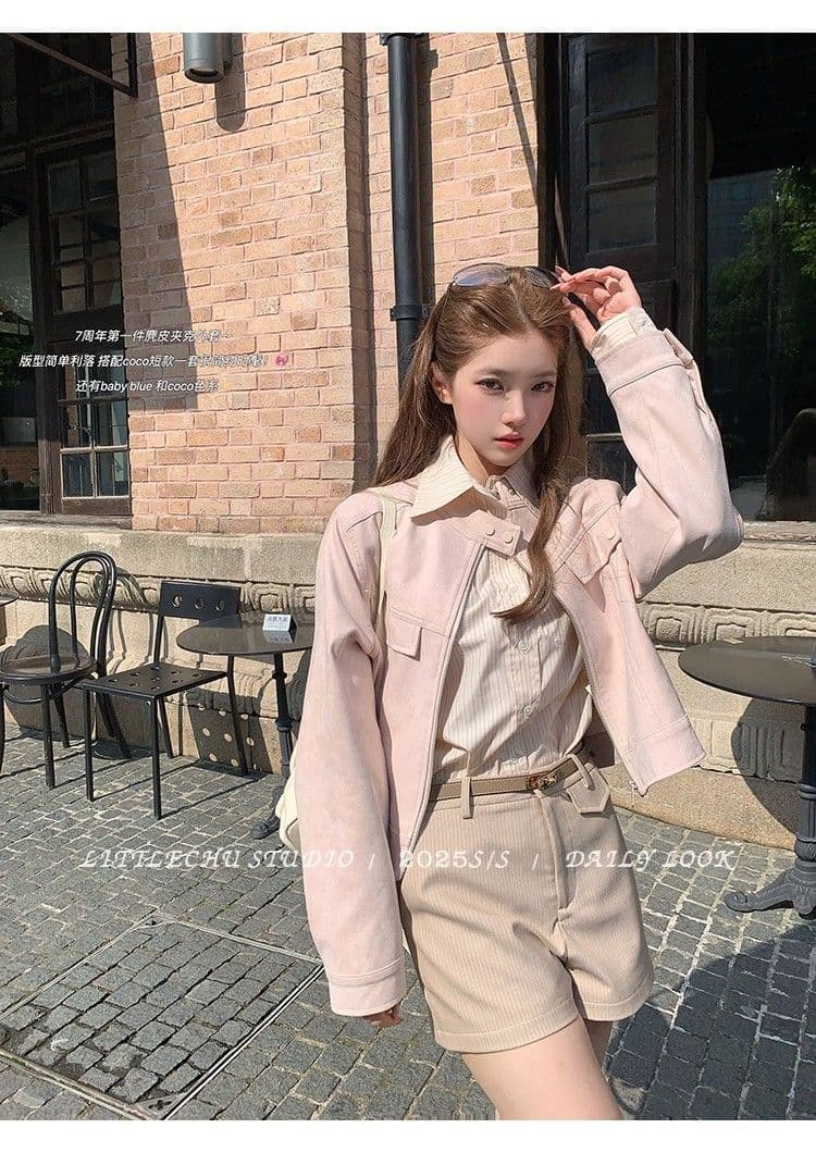 두꺼운 원본 없음 제인 레트로 라운드 넥 스웨이드 재킷 여성 코트 가을 한 부서 루즈핏 캐주얼 쇼트 스타일 맨위 상세 이미지 4