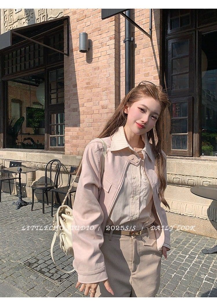 두꺼운 원본 없음 제인 레트로 라운드 넥 스웨이드 재킷 여성 코트 가을 한 부서 루즈핏 캐주얼 쇼트 스타일 맨위 상세 이미지 6