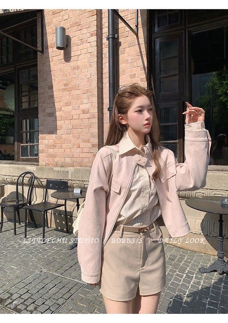 두꺼운 원본 없음 제인 레트로 라운드 넥 스웨이드 재킷 여성 코트 가을 한 부서 루즈핏 캐주얼 쇼트 스타일 맨위 상세 이미지 10