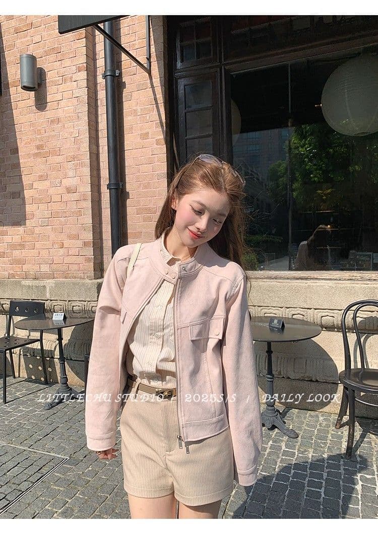 두꺼운 원본 없음 제인 레트로 라운드 넥 스웨이드 재킷 여성 코트 가을 한 부서 루즈핏 캐주얼 쇼트 스타일 맨위 상세 이미지 11