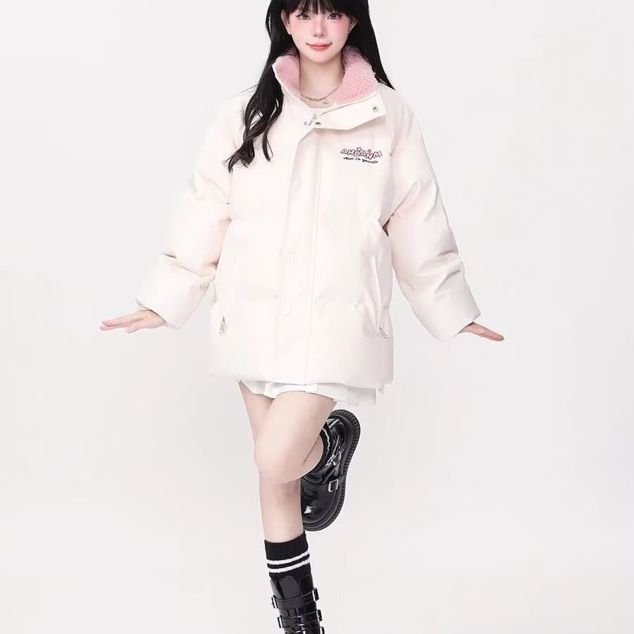 스탠드 칼라 남녀 달콤한 차가운 바람 알파벳 작은 대중 디자인 센스 면 의류 작은 대중 루즈핏 패딩 재킷 겨울 재킷 목화 진딧물 트렌디 이미지 2