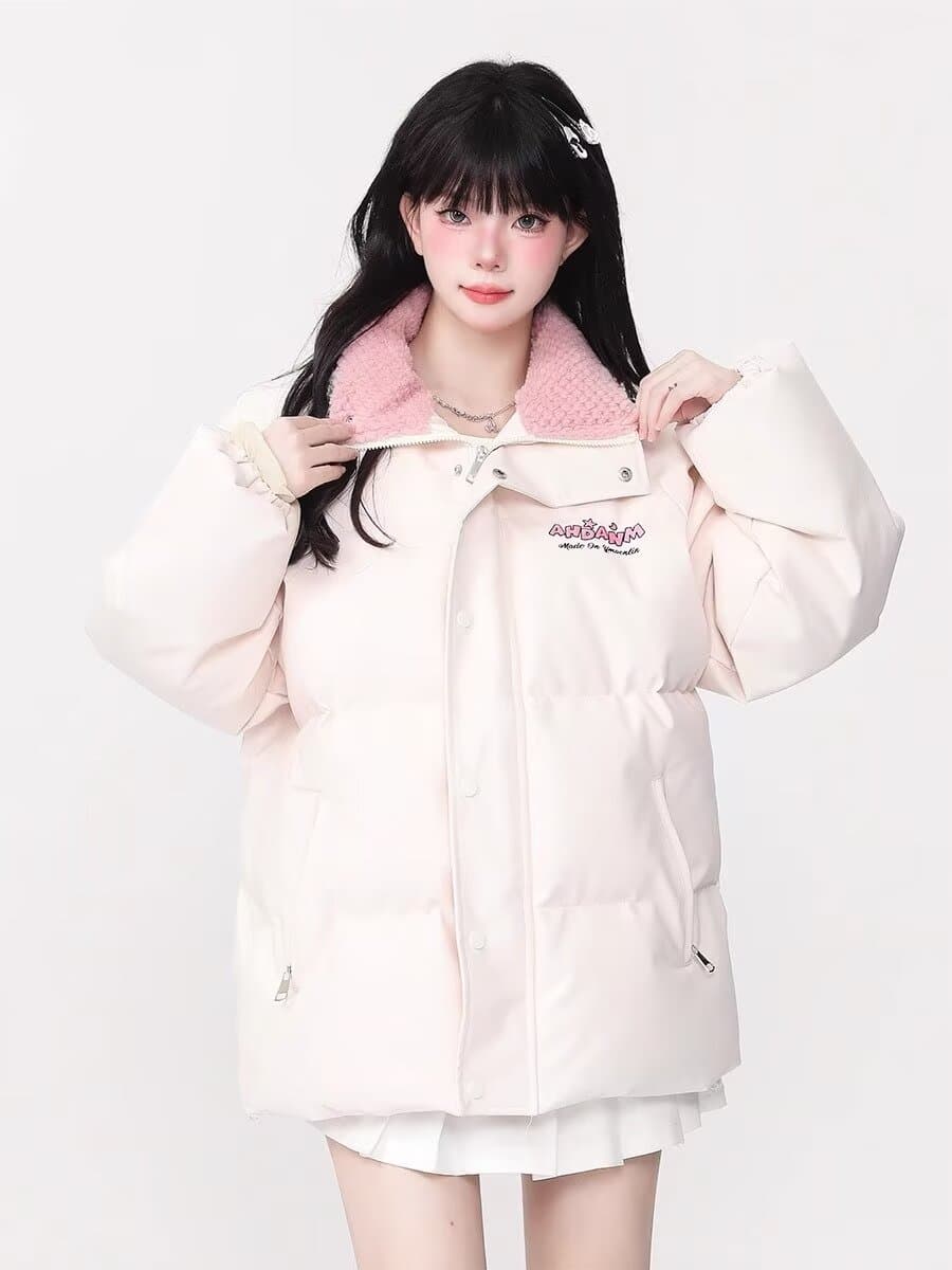 스탠드 칼라 남녀 달콤한 차가운 바람 알파벳 작은 대중 디자인 센스 면 의류 작은 대중 루즈핏 패딩 재킷 겨울 재킷 목화 진딧물 트렌디 이미지 3