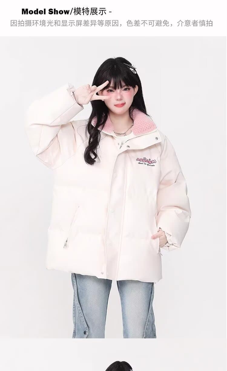 스탠드 칼라 남녀 달콤한 차가운 바람 알파벳 작은 대중 디자인 센스 면 의류 작은 대중 루즈핏 패딩 재킷 겨울 재킷 목화 진딧물 트렌디 이미지 4