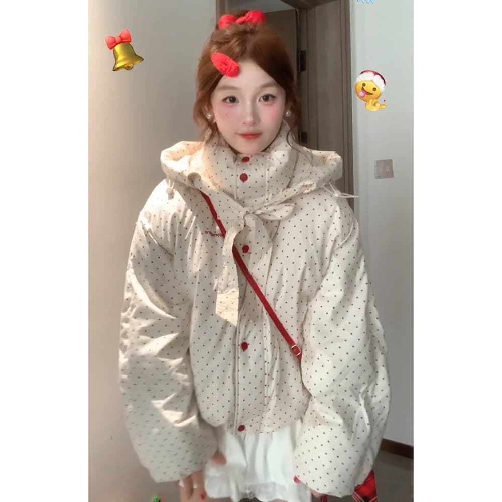 일본식 학원 스타일 색상 도트 무늬 후드 면 의류 여성 코트 겨울 새로운 두꺼운 보온 패딩 재킷 면 옷