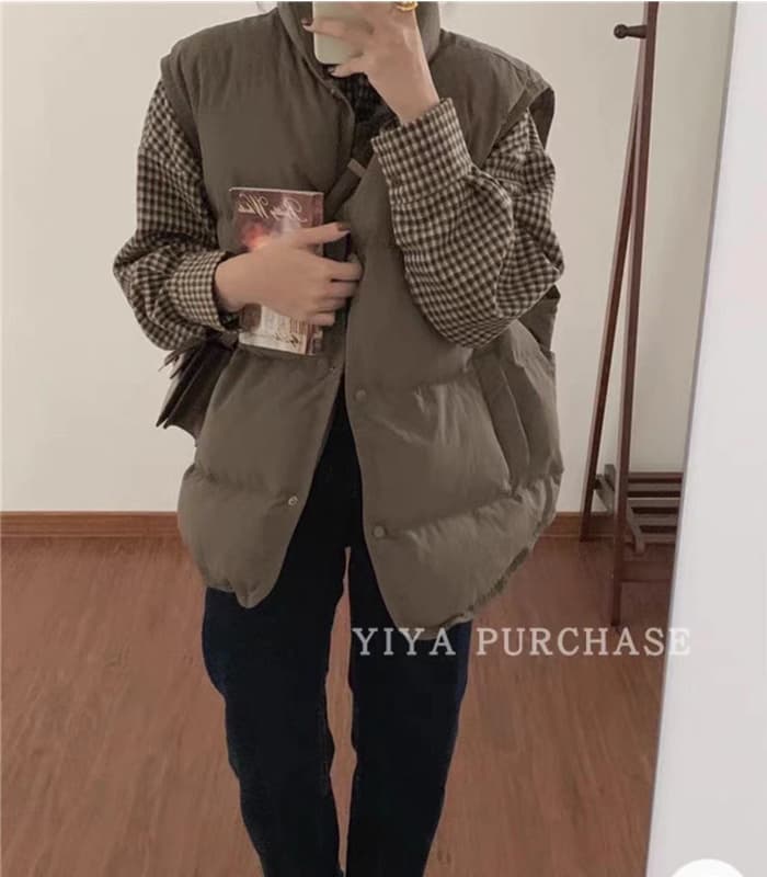 dres 같은 단락 한국 동대문 2025 겨울 루즈핏 패딩 재킷 다운 코튼 조끼 여자 조끼 어깨 재킷
