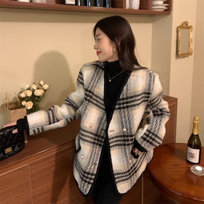 작은 샤넬 스타일 솜을 넣은 두꺼운 모직 여성 코트 겨울 빅 사이즈 통통한 여동생 품격 슬림해 보이는 하운드투스 체크 모직 코트 상세 이미지 9