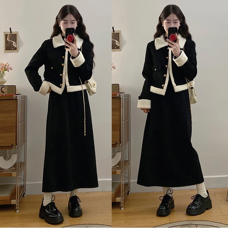 작은 샤넬 스타일 폴로 칼라 털이 있고 두꺼운 양털 플리스 여성 코트 슬림해 보이는 다용도 디자인 센스 맨위 반신 스커트 투피스 세트 이미지 5