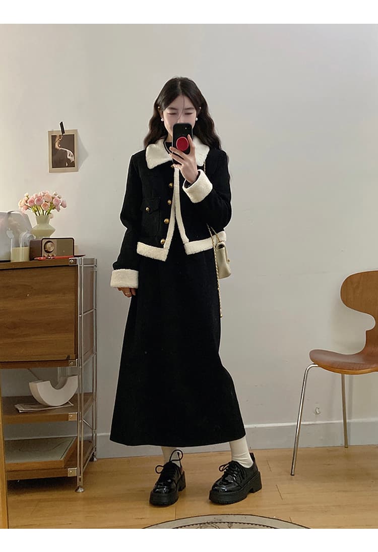 작은 샤넬 스타일 폴로 칼라 털이 있고 두꺼운 양털 플리스 여성 코트 슬림해 보이는 다용도 디자인 센스 맨위 반신 스커트 투피스 세트 상세 이미지 3