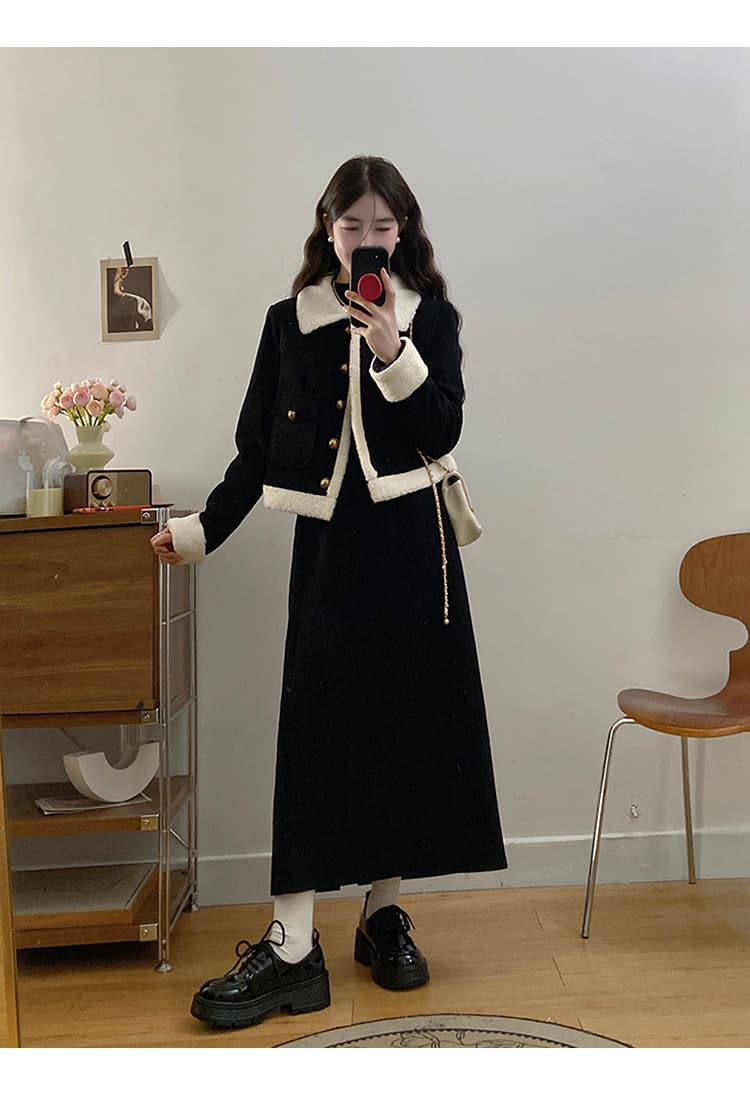 작은 샤넬 스타일 폴로 칼라 털이 있고 두꺼운 양털 플리스 여성 코트 슬림해 보이는 다용도 디자인 센스 맨위 반신 스커트 투피스 세트 상세 이미지 5