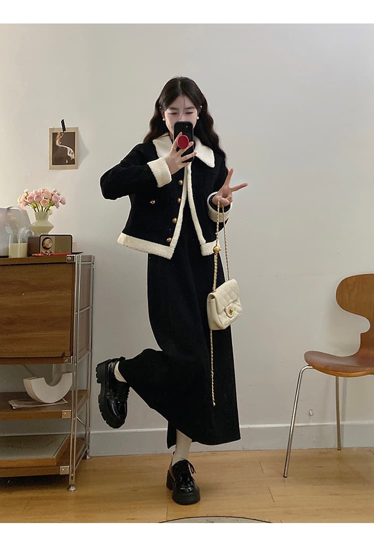 작은 샤넬 스타일 폴로 칼라 털이 있고 두꺼운 양털 플리스 여성 코트 슬림해 보이는 다용도 디자인 센스 맨위 반신 스커트 투피스 세트 상세 이미지 7