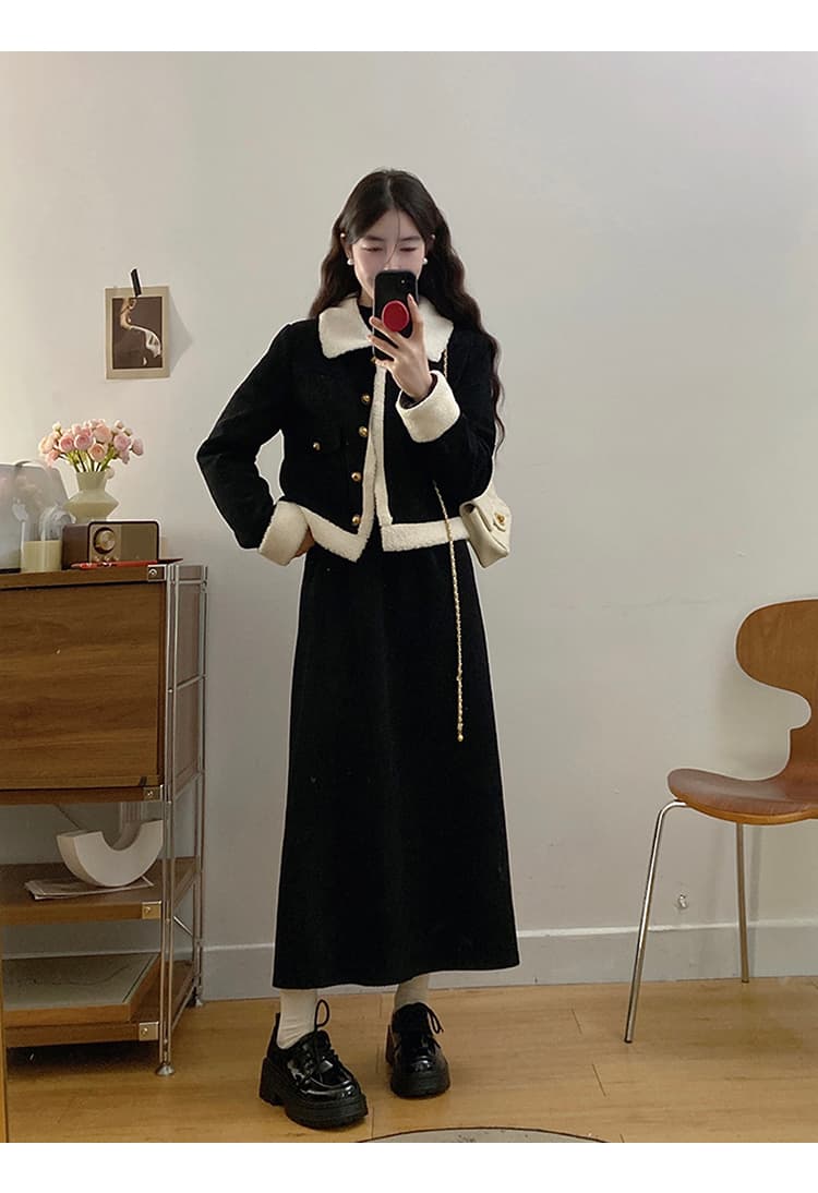 작은 샤넬 스타일 폴로 칼라 털이 있고 두꺼운 양털 플리스 여성 코트 슬림해 보이는 다용도 디자인 센스 맨위 반신 스커트 투피스 세트 상세 이미지 8