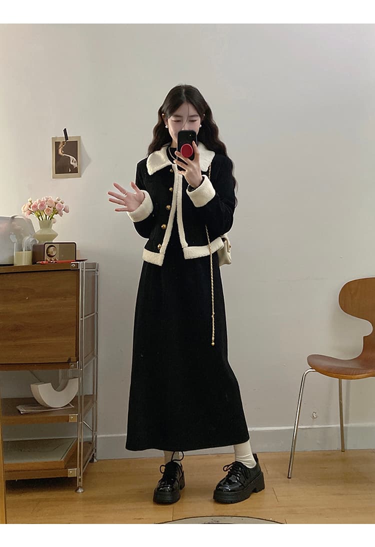 작은 샤넬 스타일 폴로 칼라 털이 있고 두꺼운 양털 플리스 여성 코트 슬림해 보이는 다용도 디자인 센스 맨위 반신 스커트 투피스 세트 상세 이미지 9
