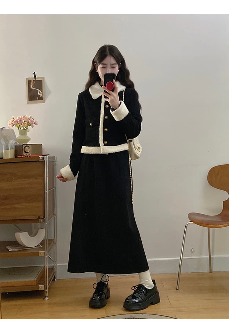 작은 샤넬 스타일 폴로 칼라 털이 있고 두꺼운 양털 플리스 여성 코트 슬림해 보이는 다용도 디자인 센스 맨위 반신 스커트 투피스 세트 상세 이미지 10
