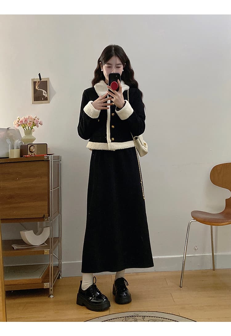 작은 샤넬 스타일 폴로 칼라 털이 있고 두꺼운 양털 플리스 여성 코트 슬림해 보이는 다용도 디자인 센스 맨위 반신 스커트 투피스 세트 상세 이미지 11
