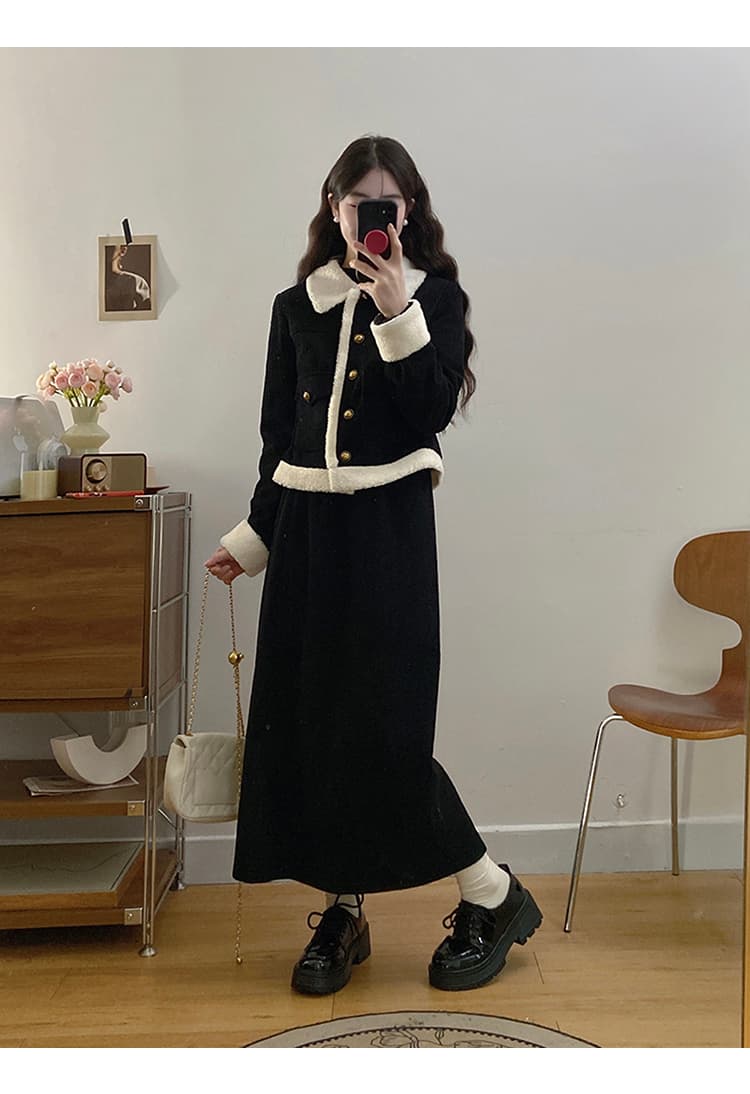 작은 샤넬 스타일 폴로 칼라 털이 있고 두꺼운 양털 플리스 여성 코트 슬림해 보이는 다용도 디자인 센스 맨위 반신 스커트 투피스 세트 상세 이미지 13