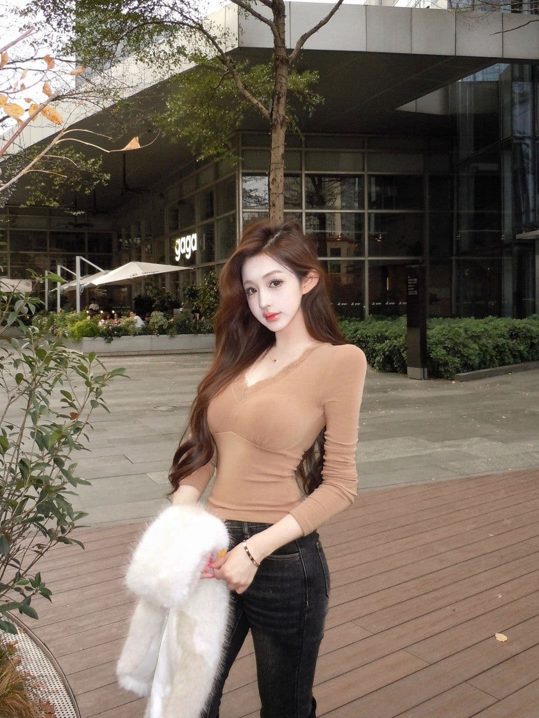 사람들 면 잡아라. 털 레이스 조각 섹시함 V넥 긴팔 티셔츠 여성 겨울 허리 수축 맨위 인사이드 가져 가라. 기본 셔츠 상세 이미지 29
