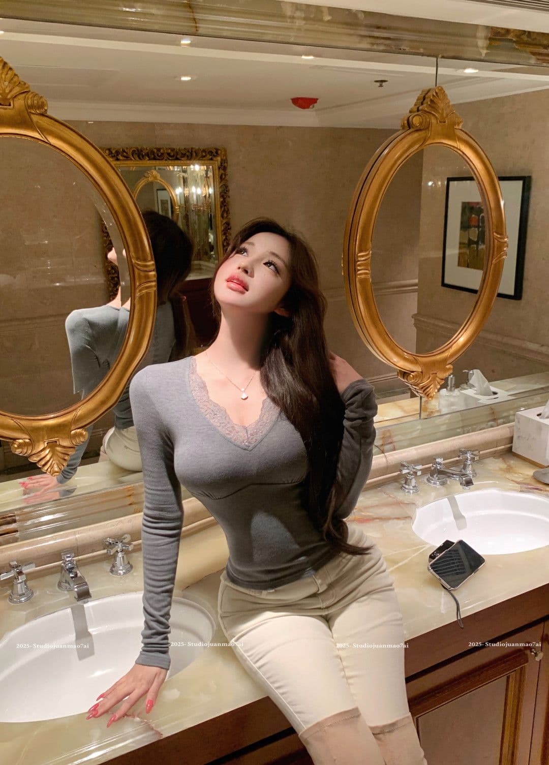 사람들 면 잡아라. 털 레이스 조각 섹시함 V넥 긴팔 티셔츠 여성 겨울 허리 수축 맨위 인사이드 가져 가라. 기본 셔츠 상세 이미지 31