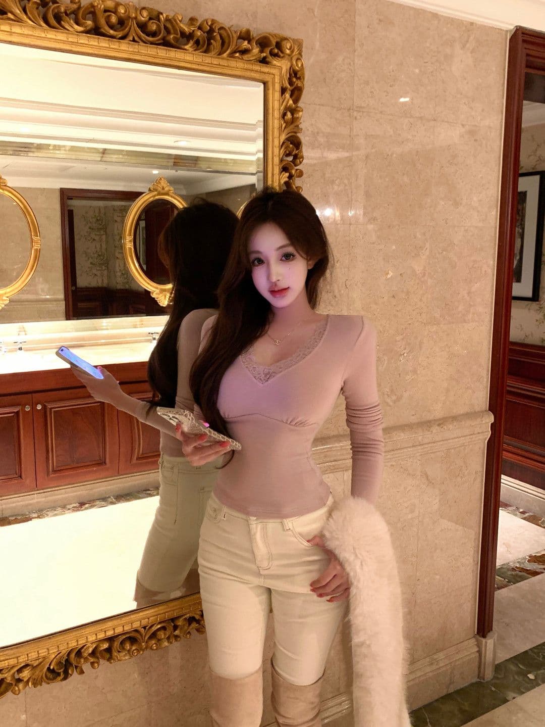 사람들 면 잡아라. 털 레이스 조각 섹시함 V넥 긴팔 티셔츠 여성 겨울 허리 수축 맨위 인사이드 가져 가라. 기본 셔츠 상세 이미지 45