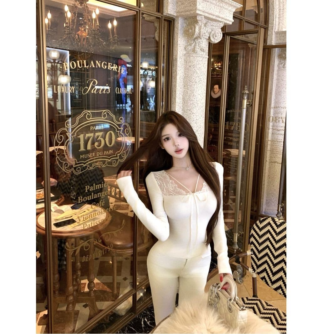 리브 De 플러시 순수한 욕망 바람 레이스 조각 섹시함 살구 색상 긴팔 티셔츠 여성 겨울 몸매 가꾸기 슬림해 보이는 맨위 이미지 5