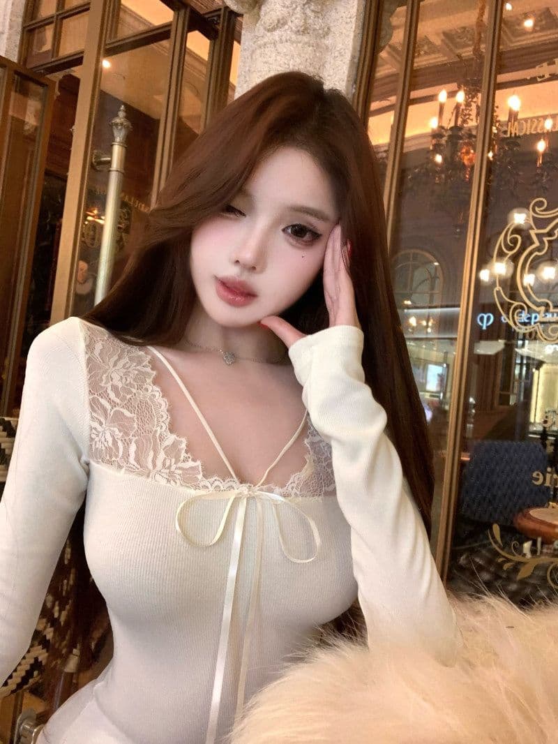 리브 De 플러시 순수한 욕망 바람 레이스 조각 섹시함 살구 색상 긴팔 티셔츠 여성 겨울 몸매 가꾸기 슬림해 보이는 맨위 상세 이미지 4