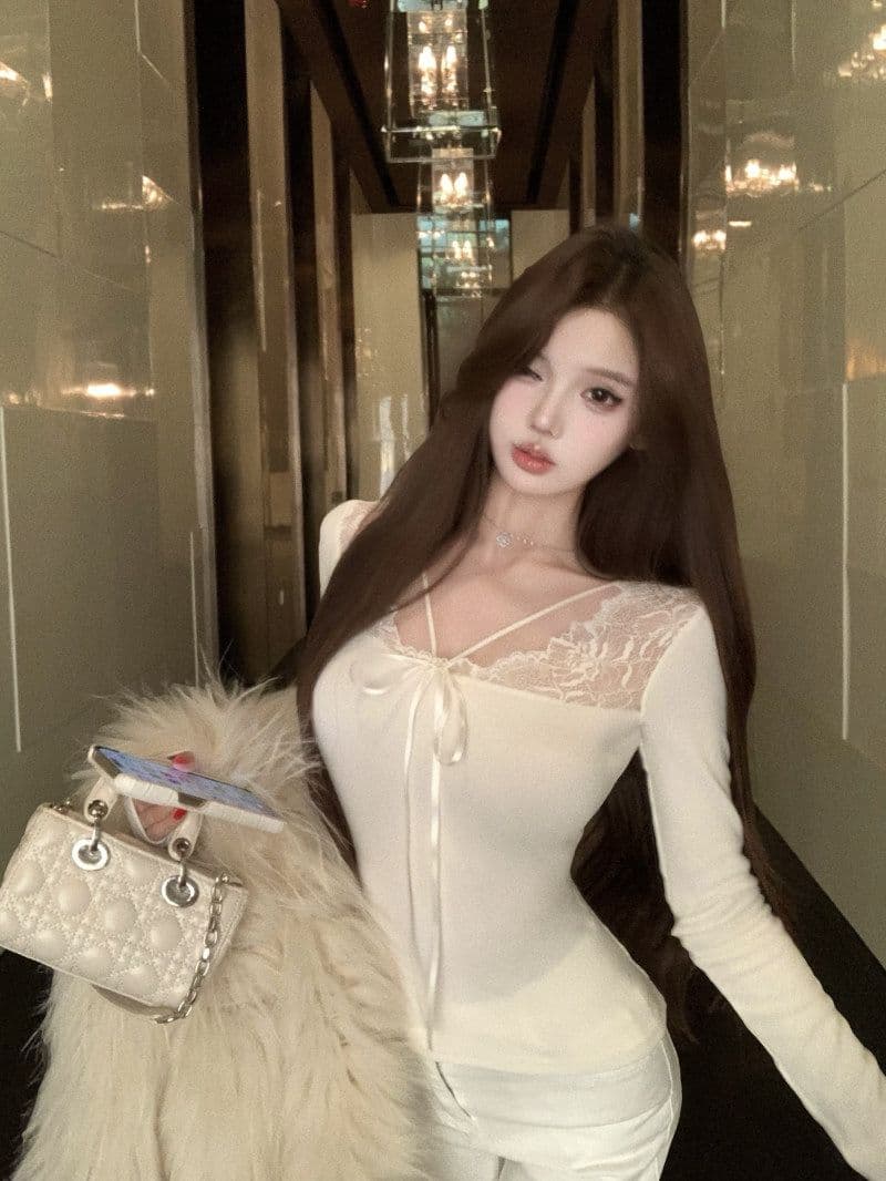 리브 De 플러시 순수한 욕망 바람 레이스 조각 섹시함 살구 색상 긴팔 티셔츠 여성 겨울 몸매 가꾸기 슬림해 보이는 맨위 상세 이미지 6