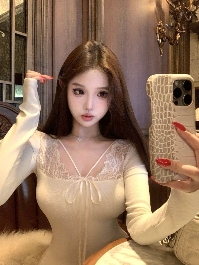 리브 De 플러시 순수한 욕망 바람 레이스 조각 섹시함 살구 색상 긴팔 티셔츠 여성 겨울 몸매 가꾸기 슬림해 보이는 맨위 상세 이미지 9