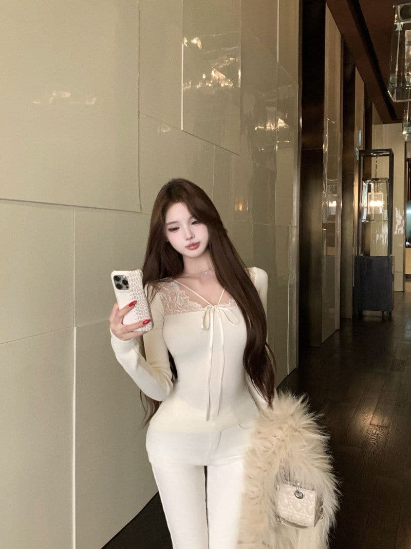 리브 De 플러시 순수한 욕망 바람 레이스 조각 섹시함 살구 색상 긴팔 티셔츠 여성 겨울 몸매 가꾸기 슬림해 보이는 맨위 상세 이미지 14