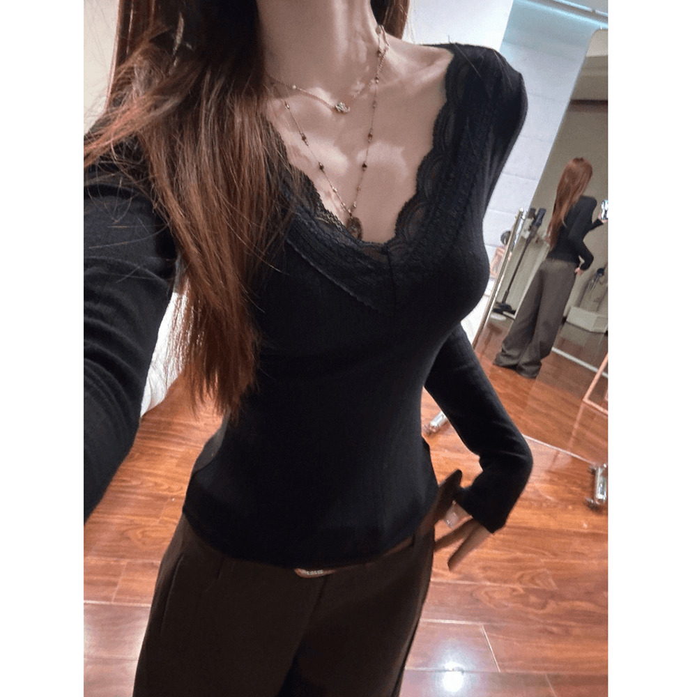 240 그램 원본 원단 빛 요리 한 바람 레이스 긴팔 티셔츠 여성 봄 가을 몸매 가꾸기 슬림해 보이는 V넥 기본 셔츠 맨위 이미지 4
