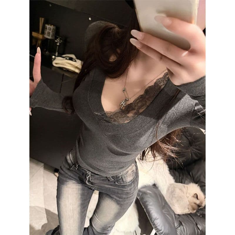 260 그램 사람들 면 잡아라. 털 아메리칸 V넥 레이스 긴팔 티셔츠 여성 봄 가을 겨울 허리 수축 핫걸 인사이드 가져 가라. 만나는 맨위 이미지 5