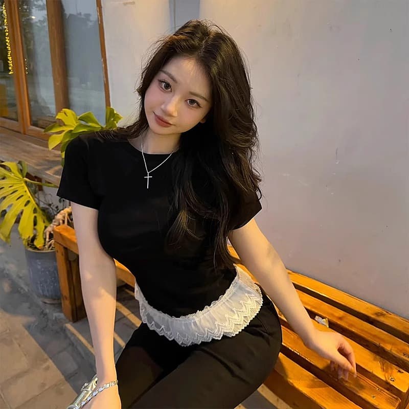 흔들어서 피치 품질 92 면 8 암모니아 Lun 레이스 레이스 밑단 패치워크 반팔 라운드 넥 티셔츠 여성 달콤함 몸매 가꾸기 트렌디 이미지 2