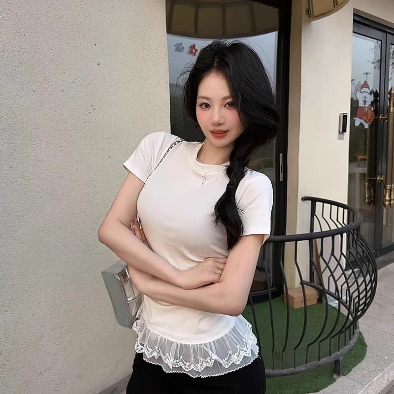 흔들어서 피치 품질 92 면 8 암모니아 Lun 레이스 레이스 밑단 패치워크 반팔 라운드 넥 티셔츠 여성 달콤함 몸매 가꾸기 트렌디 상세 이미지 6