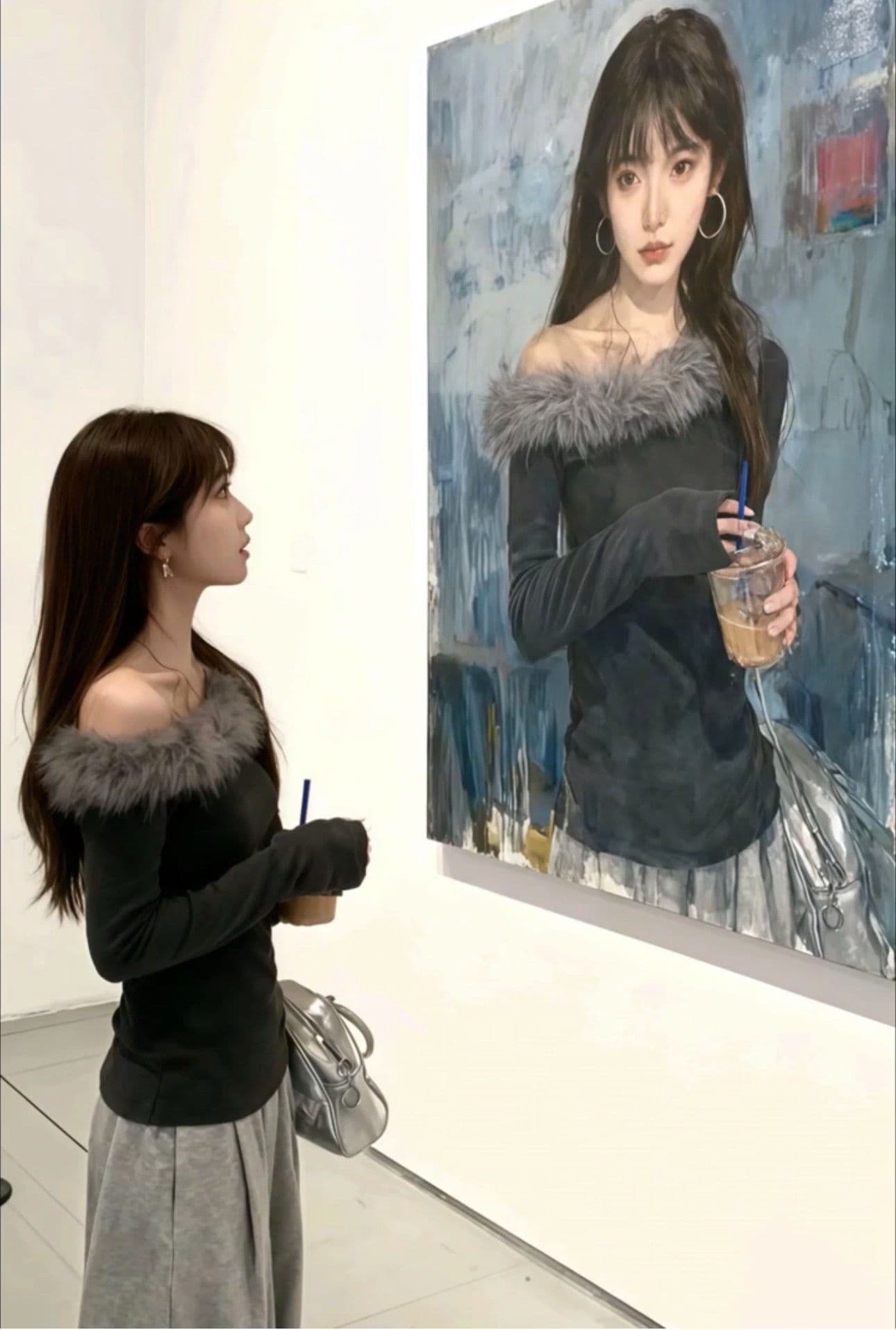 리브 De 플러시 270 그램 회색 비스듬한 어깨 모피 칼라 긴팔 티셔츠 여성 가을 겨울 순수한 욕망 오프숄더 기본 셔츠 맨위 상세 이미지 2