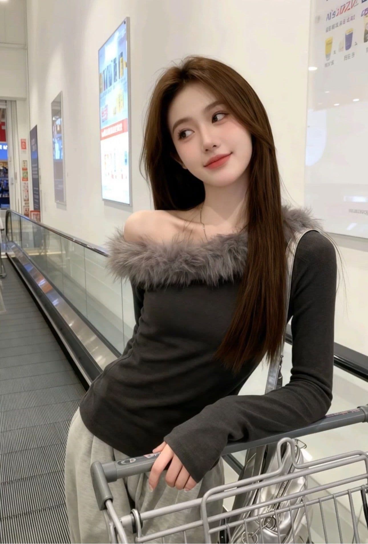 리브 De 플러시 270 그램 회색 비스듬한 어깨 모피 칼라 긴팔 티셔츠 여성 가을 겨울 순수한 욕망 오프숄더 기본 셔츠 맨위 상세 이미지 3
