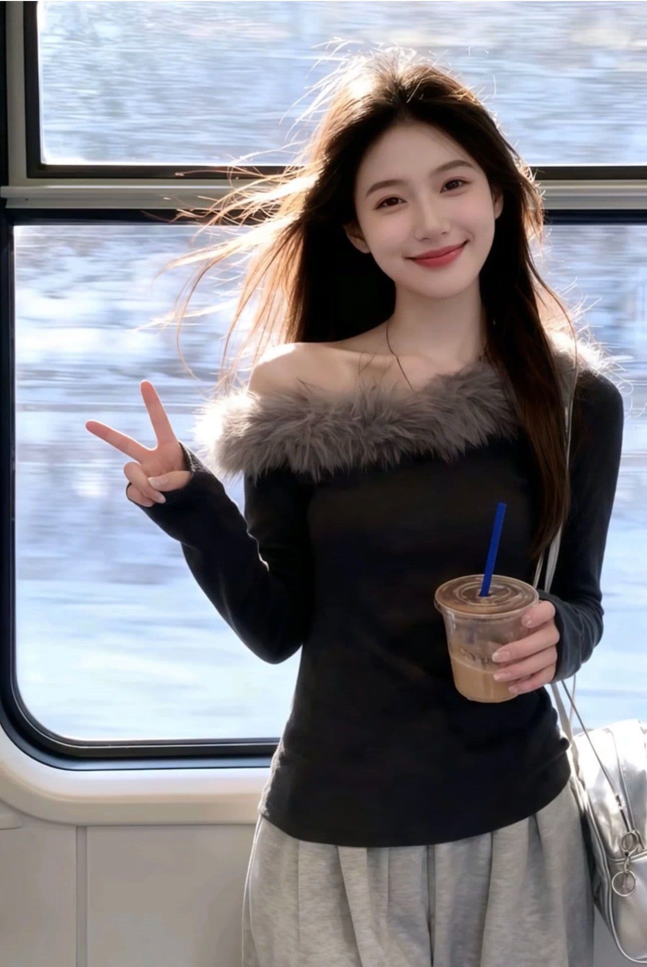 리브 De 플러시 270 그램 회색 비스듬한 어깨 모피 칼라 긴팔 티셔츠 여성 가을 겨울 순수한 욕망 오프숄더 기본 셔츠 맨위 상세 이미지 4