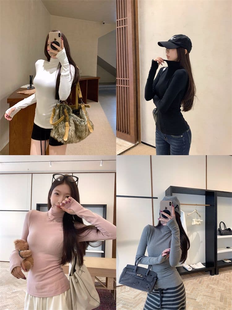 270 그램 리브 De 플러시 터틀넥 털이 있는 긴팔 티셔츠 여성 가을 겨울 신축성 몸매 가꾸기 다용도 맨위 기본 셔츠 상세 이미지 2