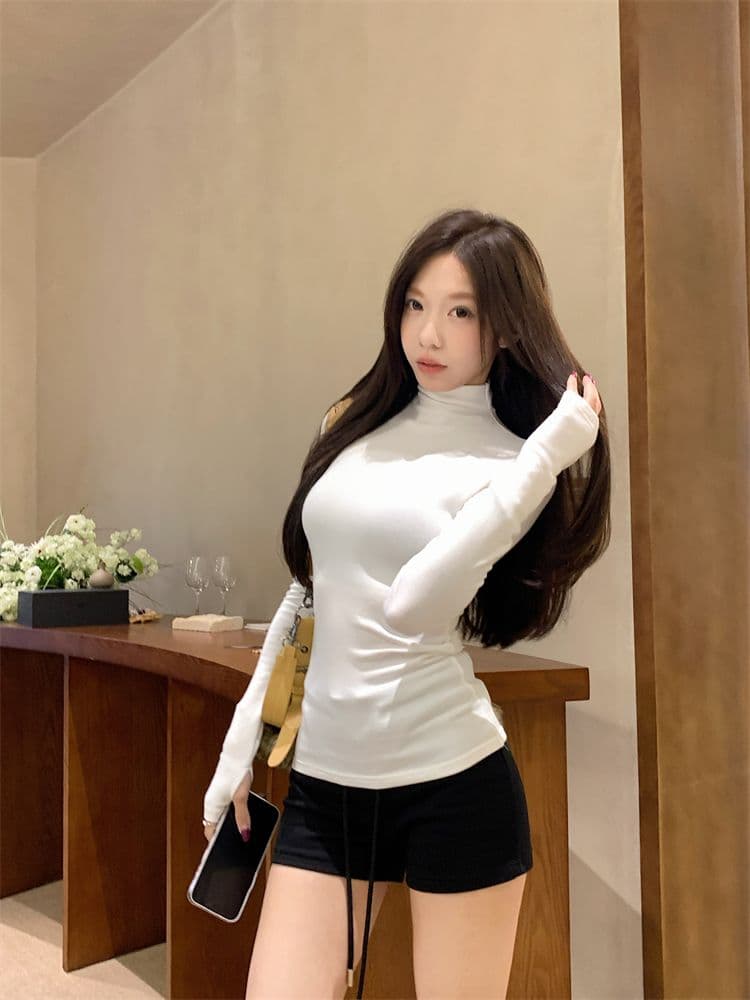 270 그램 리브 De 플러시 터틀넥 털이 있는 긴팔 티셔츠 여성 가을 겨울 신축성 몸매 가꾸기 다용도 맨위 기본 셔츠 상세 이미지 13