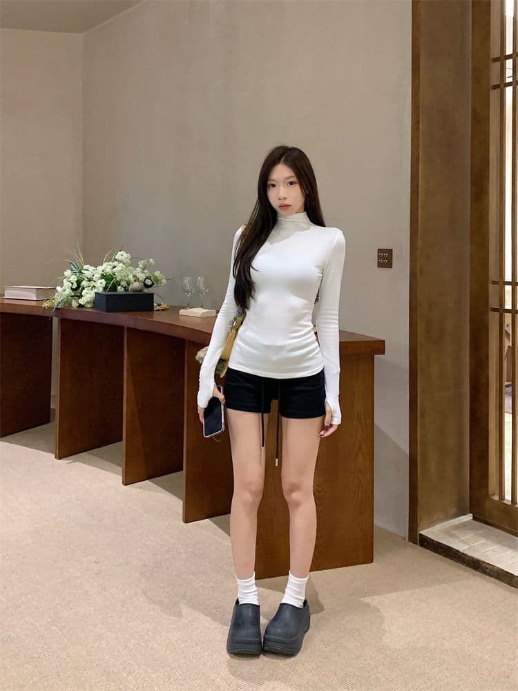 270 그램 리브 De 플러시 터틀넥 털이 있는 긴팔 티셔츠 여성 가을 겨울 신축성 몸매 가꾸기 다용도 맨위 기본 셔츠 상세 이미지 17