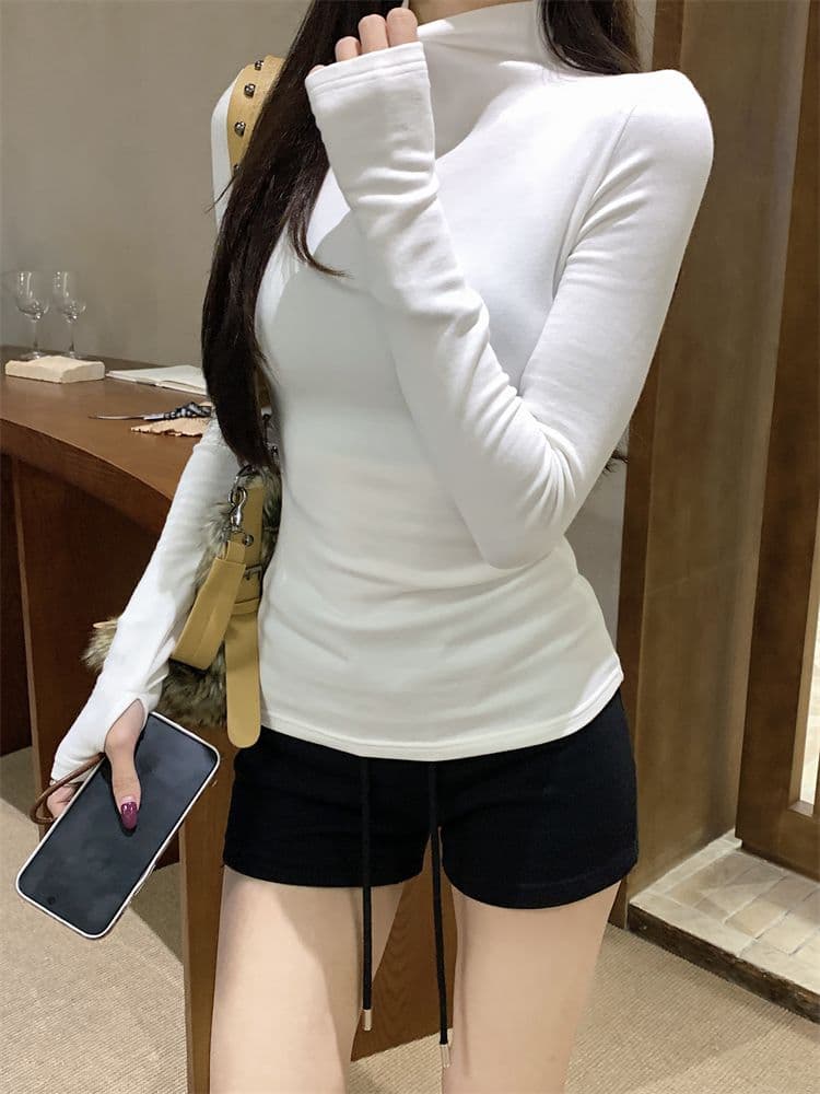 270 그램 리브 De 플러시 터틀넥 털이 있는 긴팔 티셔츠 여성 가을 겨울 신축성 몸매 가꾸기 다용도 맨위 기본 셔츠 상세 이미지 18