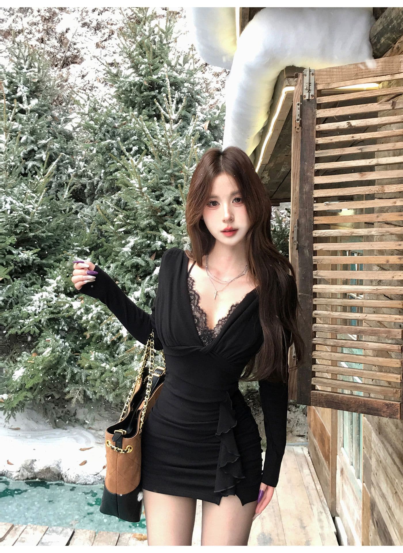 순수한 욕망 바람 핫걸 디자인 섹시함 레이스 페이크 레이어드 여성 드레스 가을 겨울 프릴 니트 타이트 스커트 짧은 치마 상세 이미지 7
