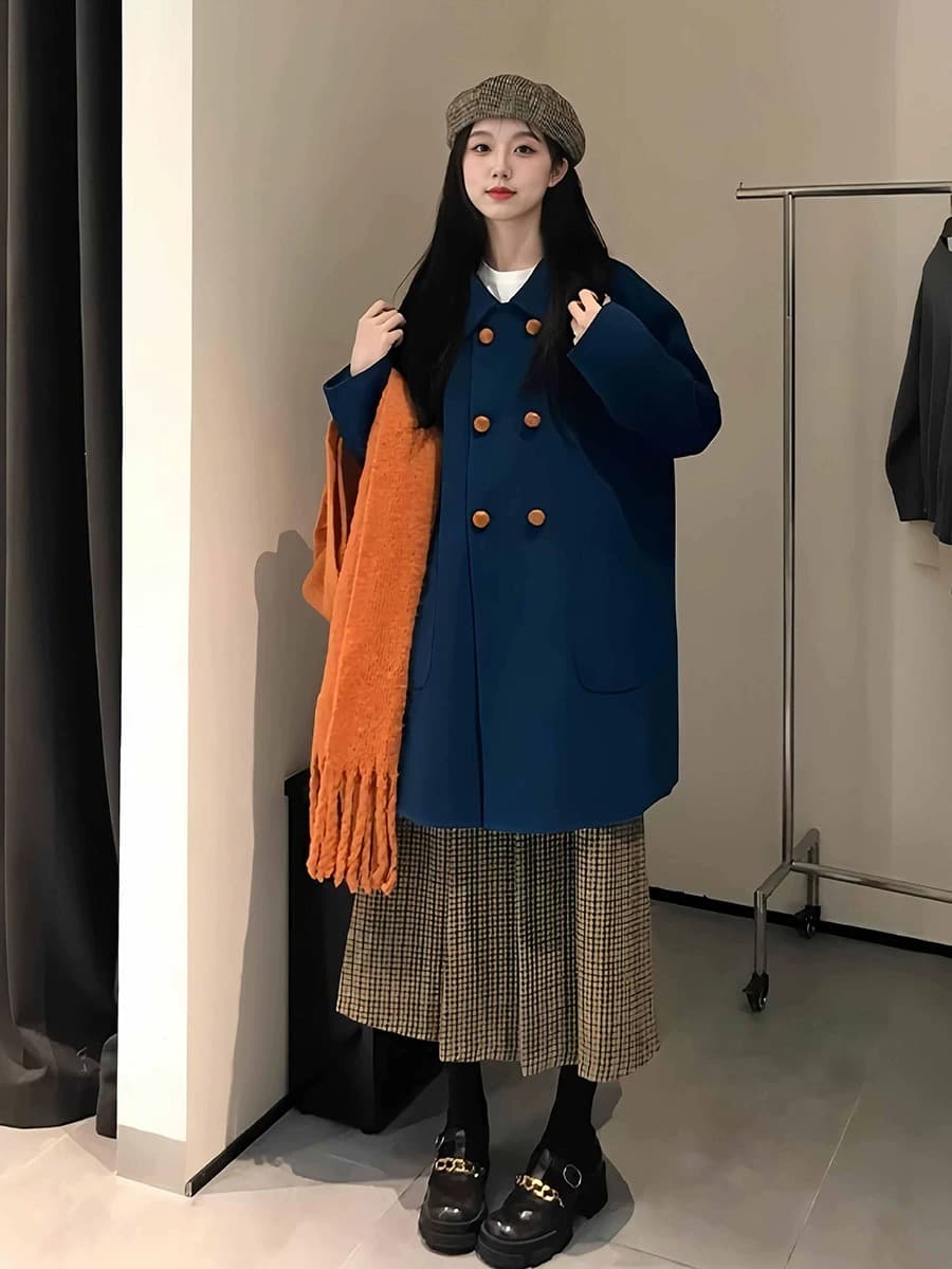 파란색 폴로 칼라 이중 버튼 모직 여성 코트 가을 겨울철 품격 캐주얼 슬림해 보이는 연령 감소 중간 길이 모직 코트 이미지 3