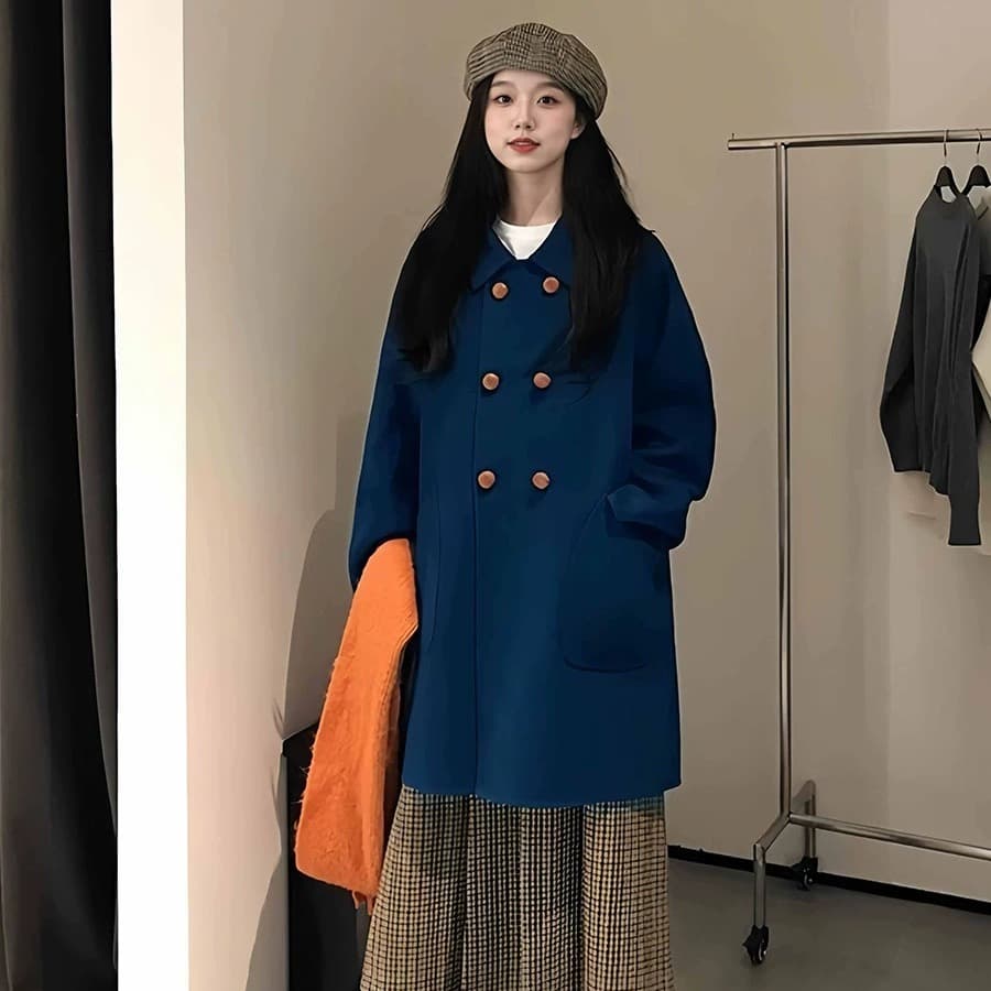 파란색 폴로 칼라 이중 버튼 모직 여성 코트 가을 겨울철 품격 캐주얼 슬림해 보이는 연령 감소 중간 길이 모직 코트 이미지 5