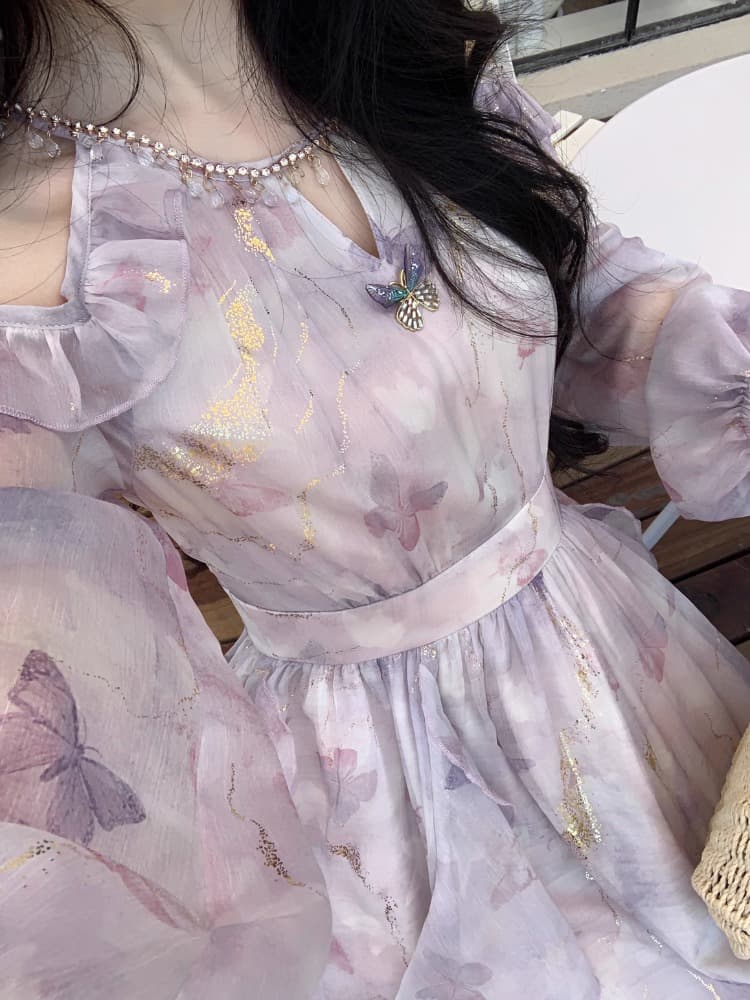 blovelan 나비 서식지 흐름 쌰 품격 오프숄더 불규칙 프릴 나비 프린트 긴팔 드레스 가을 상세 이미지 12