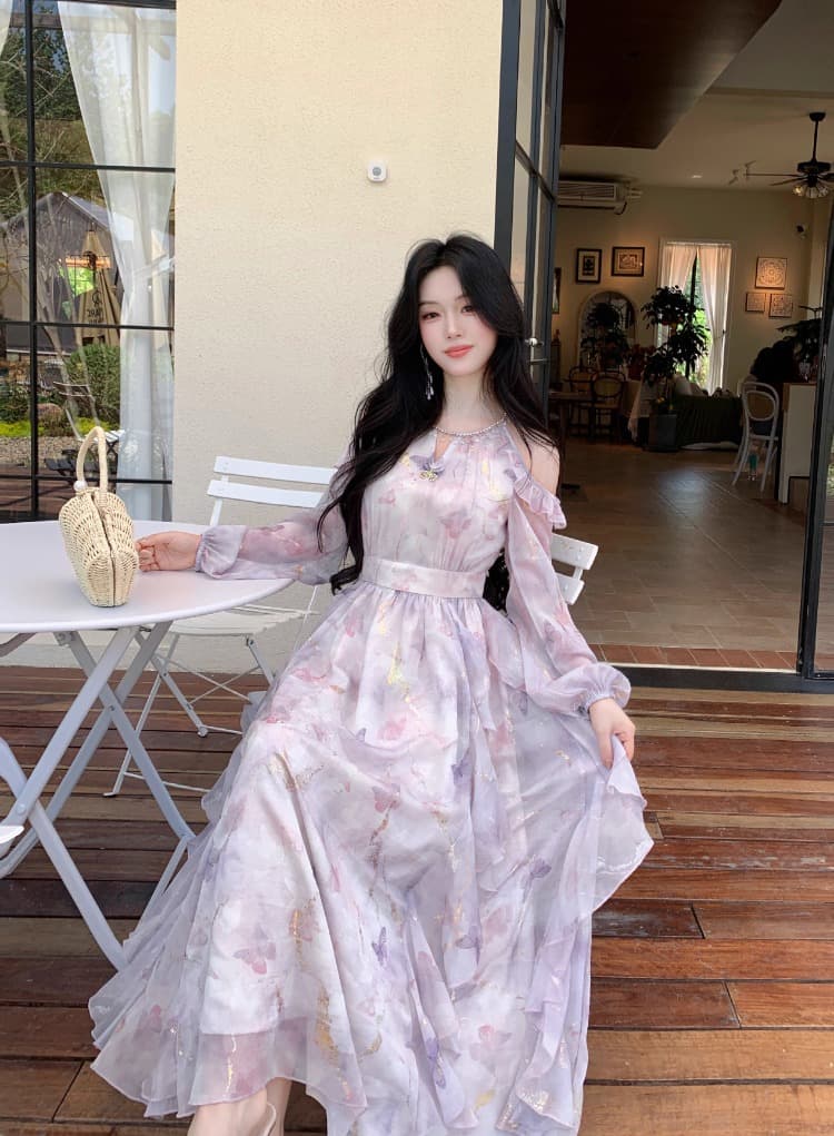 blovelan 나비 서식지 흐름 쌰 품격 오프숄더 불규칙 프릴 나비 프린트 긴팔 드레스 가을 상세 이미지 20