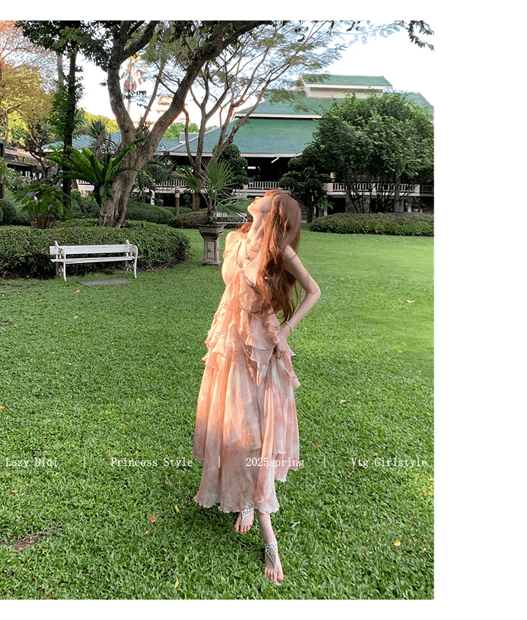 lazy didi 사랑의 신 편지 뗏목 낭만주의 휴가 허리 수축 드레스 프랑스식 불규칙 허리 수축 꽃무늬 슬립 드레스 상세 이미지 23