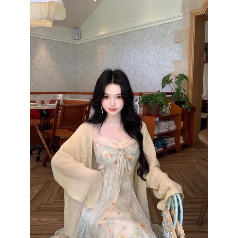 blovelan 리플 심장 코어 분위기 센스 신선함 꽃무늬 허리 수축 다림질 금박 대 치마 나비 매듭 슬립 드레스 이미지 4