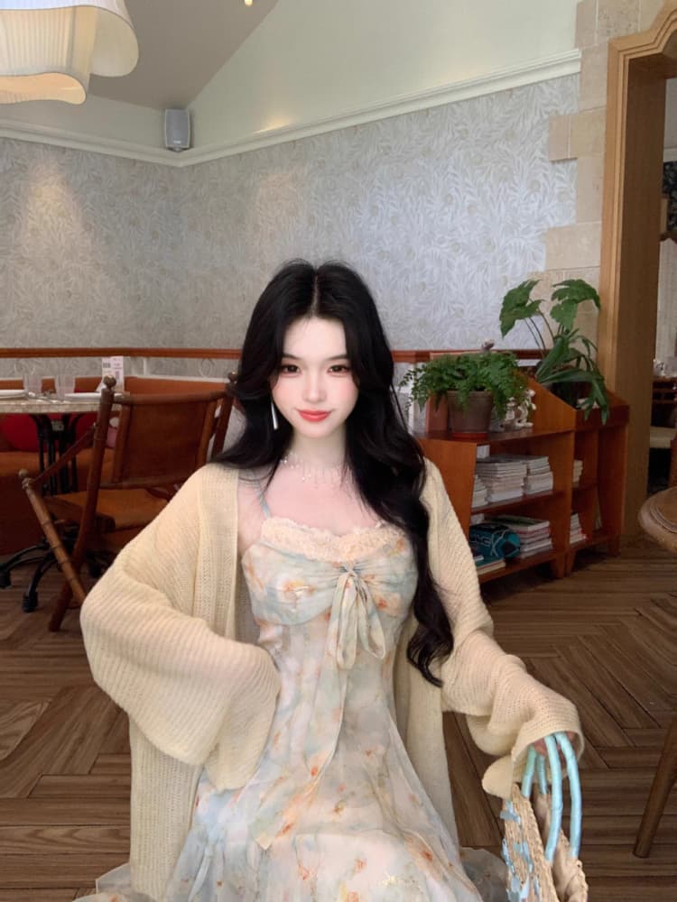 blovelan 리플 심장 코어 분위기 센스 신선함 꽃무늬 허리 수축 다림질 금박 대 치마 나비 매듭 슬립 드레스 상세 이미지 10