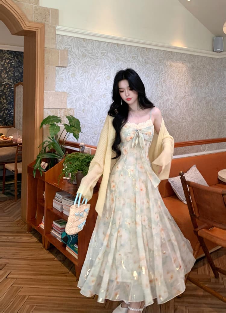 blovelan 리플 심장 코어 분위기 센스 신선함 꽃무늬 허리 수축 다림질 금박 대 치마 나비 매듭 슬립 드레스 상세 이미지 21