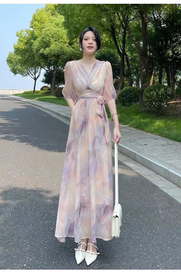 꽃무늬 여성 드레스 2026 여름 새로운 디자인 센스 품격 허리 수축 슬림해 보이는 차 휴식 프랑스식 레이스업 길다 치마 이미지 6