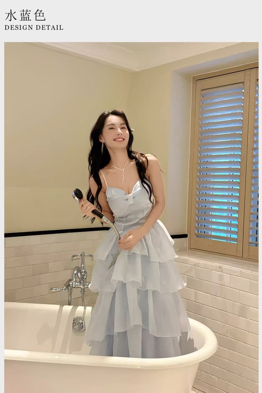 프랑스식 사소한 파란색 슬립 몸매 가꾸기 드레스 생일 예복 나비 매듭 디자인 작은 대중 우아함 여러 단계 치마 상세 이미지 5