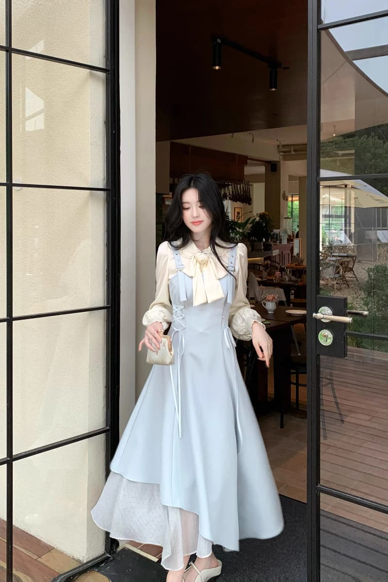 품격 파란색 불규칙 비스듬한 자르다 패치워크 스트랩 허리 수축 멜빵 드레스 패션 다용도 직업 신청 계절 작은 대중 섹션 상세 이미지 15